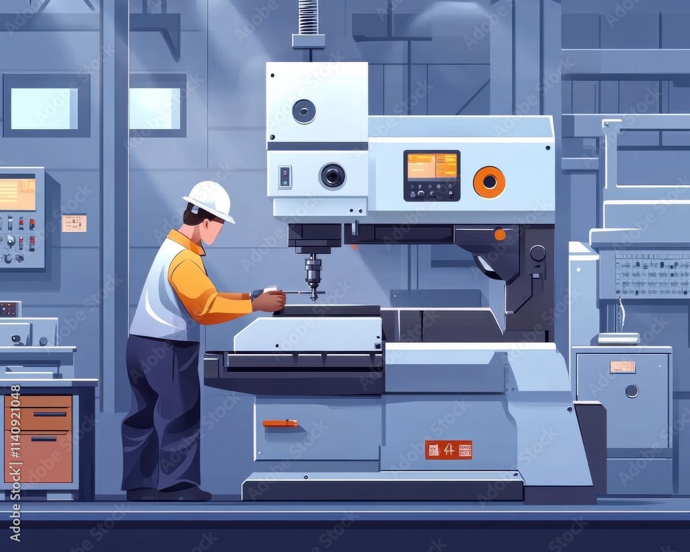 Male worker operating a CNC machine in a modern manufacturing facility, focused and precise in his task. Male worker operating a CNC machine in a modern manufacturing facility, focused and precise in his task.