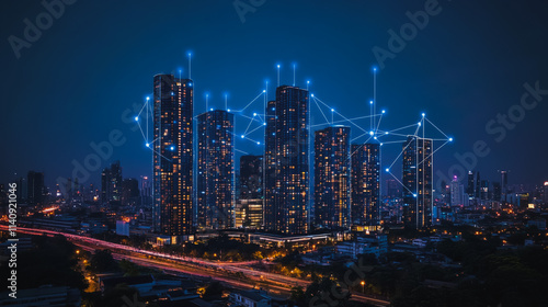 Wallpaper Mural Smart digital city with connection cyber security network reciprocity over the cityscape . future smart wireless digital city and social media networking systems that connects people within the city Torontodigital.ca