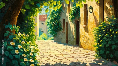 Fototapeta Naklejka Na Ścianę i Meble -   A cobblestone street painting featuring vines and flowers on both sides, with a lamp on one side