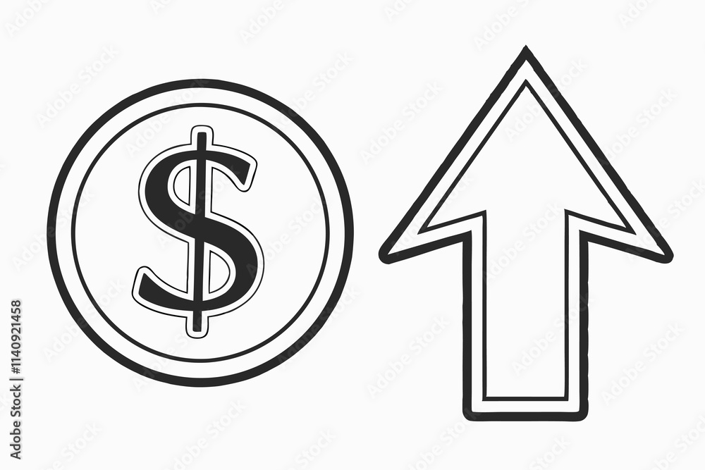 Minimalistic, clean icon with a dollar sign and a simple upward arrow in a flat design style, transparent background, no complex shading or gradients. Black Color and White Background Minimalistic, clean icon with a dollar sign and a simple upward arrow in a flat design style, transparent background, no complex shading or gradients. Black Color and White Background