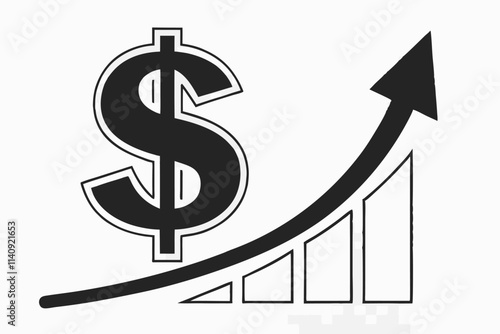 Minimalistic, clean icon with a dollar sign and a simple upward arrow in a flat design style, transparent background, no complex shading or gradients. Black Color and White Background