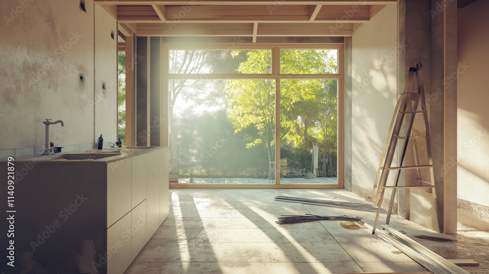 Fototapeta premium Modern home bathroom remodel house under construction. Generative AI