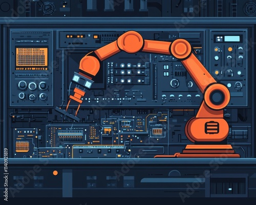 An orange robotic arm in a high-tech setting engages with complex circuitry, showcasing modern automation. photo