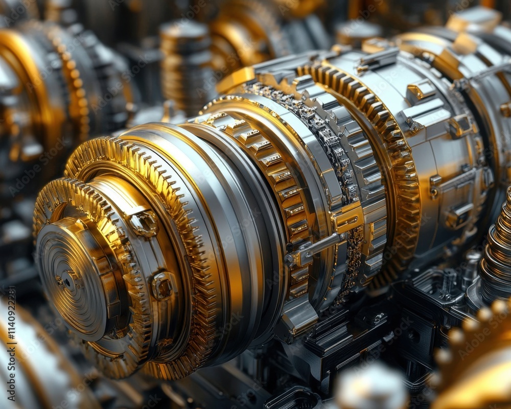 Fototapeta premium Intricate metallic gear system showcasing a blend of silver and gold tones, highlighting precision engineering.