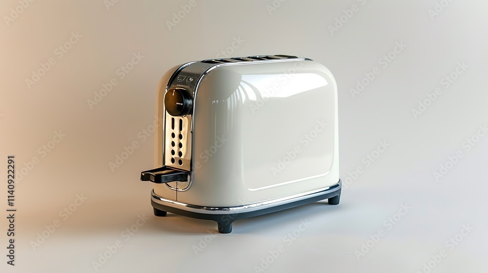 A compact electric toaster with stainless steel sides on a white background A compact electric toaster with stainless steel sides on a white background