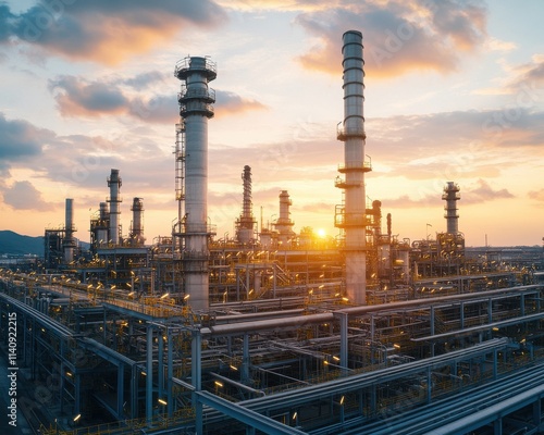 Wallpaper Mural A sprawling industrial complex at sunset, showcasing towering smokestacks and intricate piping under a colorful sky. Torontodigital.ca