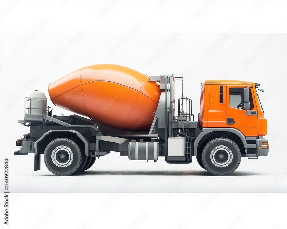 Naklejka premium A vibrant orange concrete mixer truck is showcased in profile, emphasizing its industrial design and functionality.