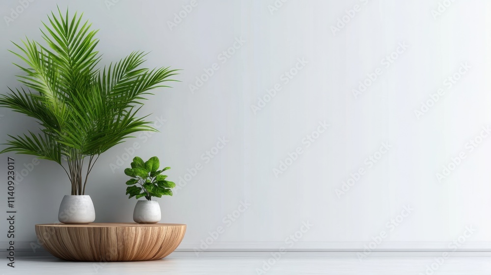 A serene scene featuring two green plants in white pots on a circular wooden stand, set against a pale backdrop to highlight minimalist decor style. A serene scene featuring two green plants in white pots on a circular wooden stand, set against a pale backdrop to highlight minimalist decor style.