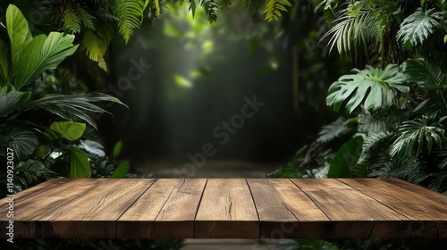 A dense jungle of verdant foliage creates a lush, mysterious backdrop beyond a wooden platform, enveloping the scene in organic beauty and natural wonder. photo