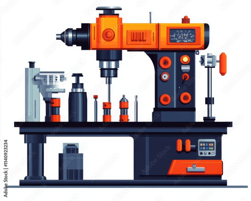 Fototapeta premium A vibrant orange and black industrial sewing machine with various tools and fixtures on a workstation.