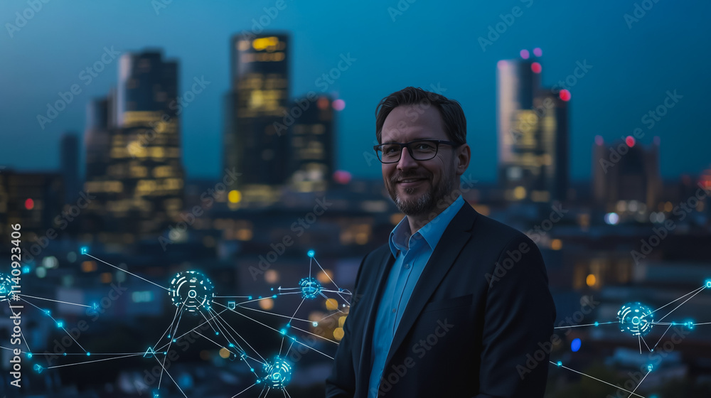 Fototapeta premium Abstract businesswoman stands on the peak of success Smart digital city with connection cyber security network reciprocity over the cityscape future wireless digital city and social media networking