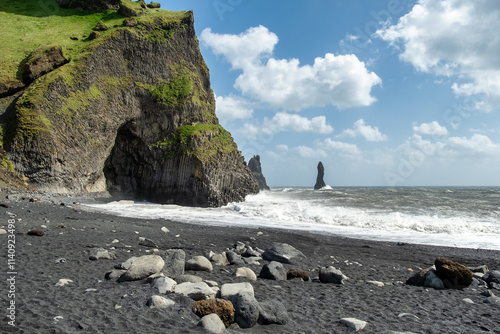 Majestic Black Sand Beach in Iceland with Volcanic Rocks