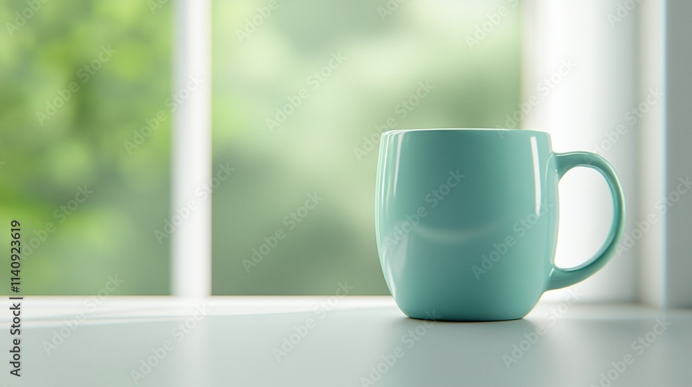 A photo of a close-up coffee cup sitting on a nearby table with a fuzzy tree in the backdrop A photo of a close-up coffee cup sitting on a nearby table with a fuzzy tree in the backdrop