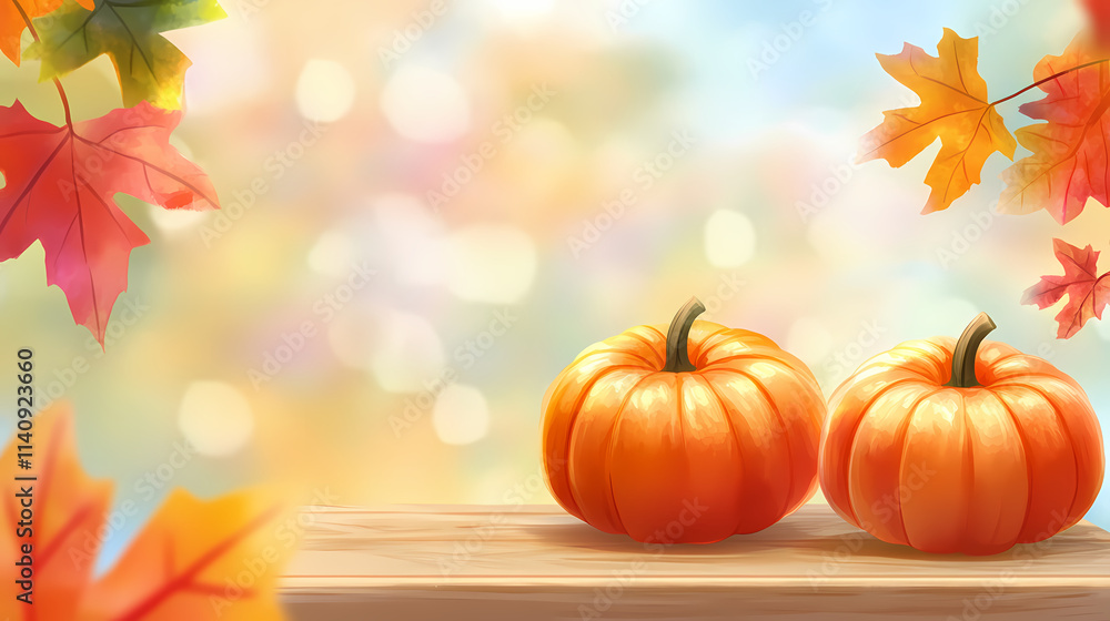 Two vibrant pumpkins on a wooden table amidst colorful autumn leaves and a dreamy blurred background, perfect for fall themes. Dreamy. Illustration Two vibrant pumpkins on a wooden table amidst colorful autumn leaves and a dreamy blurred background, perfect for fall themes. Dreamy. Illustration