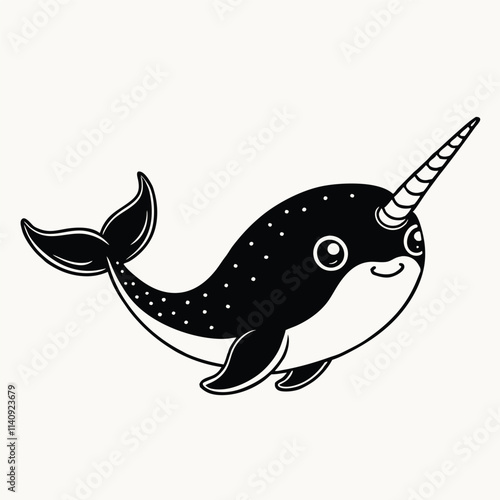 Black silhouette Cute narwhal mammal arctic animal with horn cartoon animal design vector illustration isolated on white background