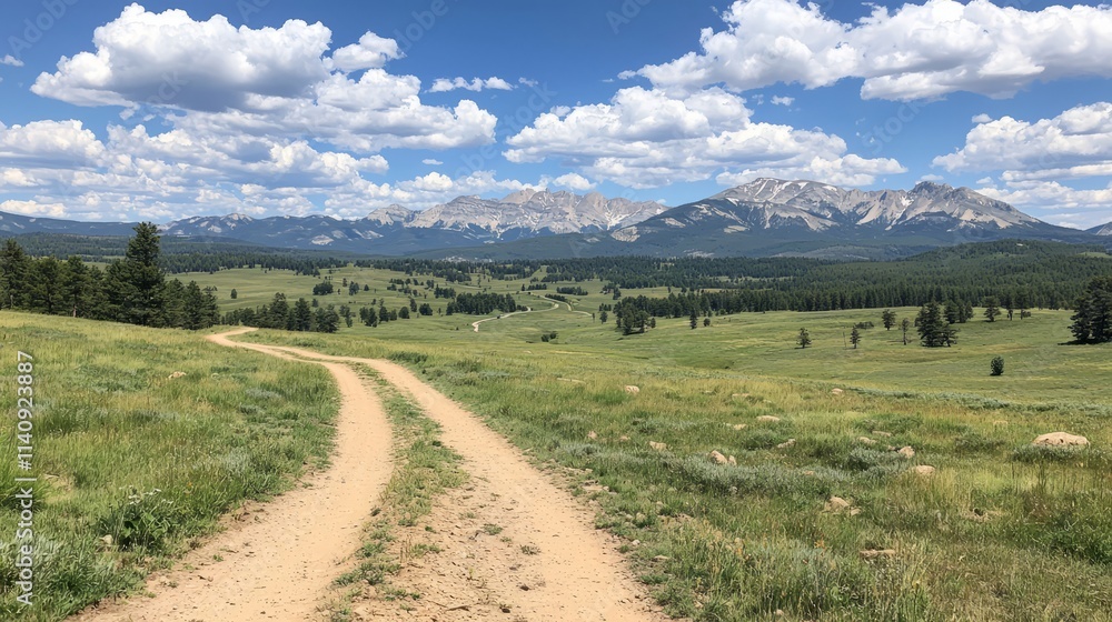 Naklejka premium Scenic landscape featuring a dirt path leading to mountains under a blue sky.