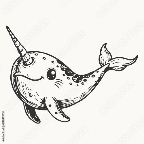 Black silhouette Cute narwhal mammal arctic animal with horn cartoon animal design vector illustration isolated on white background