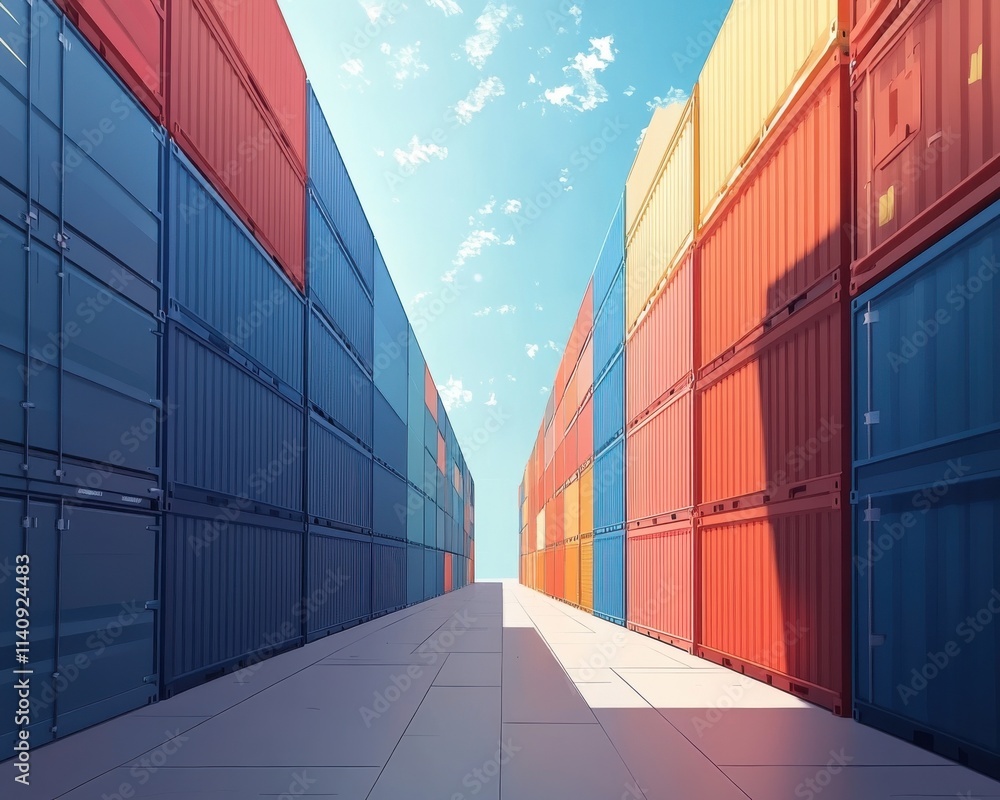 Fototapeta premium Vibrant view between colorful shipping containers under a clear blue sky, creating a sense of depth and perspective.