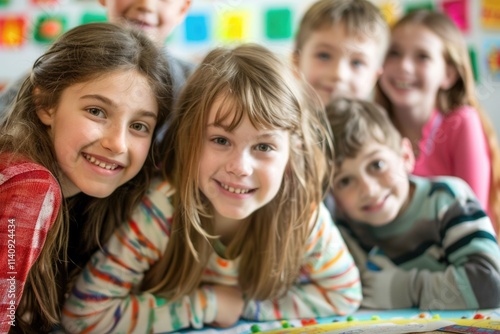 School Project. Happy Children Working Together in Classroom with Teacher