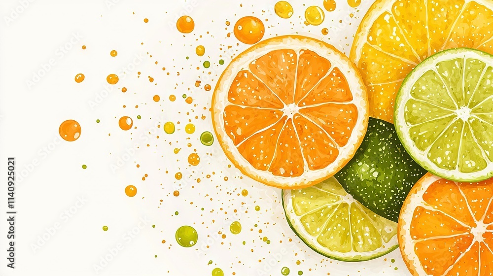 A group of oranges and limes cut in half on a white surface, with droplets of water splashed around them A group of oranges and limes cut in half on a white surface, with droplets of water splashed around them