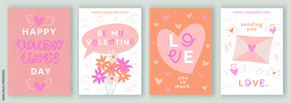 Set of Valentine's Day greeting cards, hand drawn designs in pastel colors. Decorative elements, hearts, flowers, love letters, grainy texture and modern typography. Template for print or digital use. Set of Valentine's Day greeting cards, hand drawn designs in pastel colors. Decorative elements, hearts, flowers, love letters, grainy texture and modern typography. Template for print or digital use.