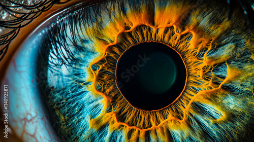 Closeup view of a vibrant human iris revealing intricate details and colors