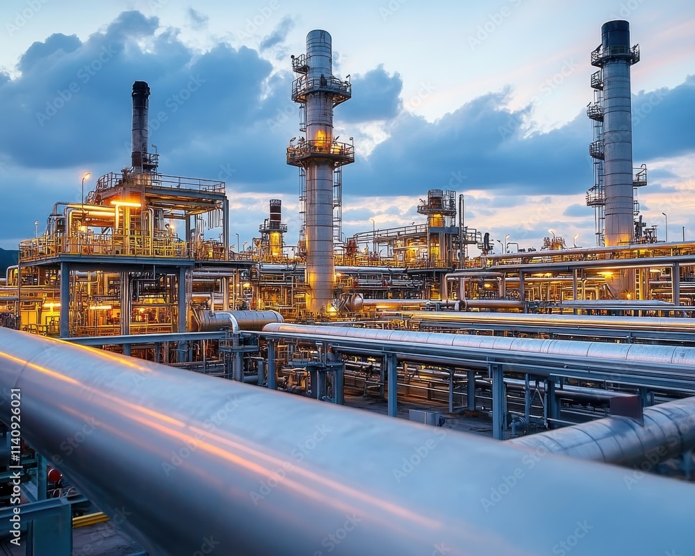 Fototapeta premium Industrial landscape showcasing an oil refinery with towering structures and illuminated pipes at dusk.