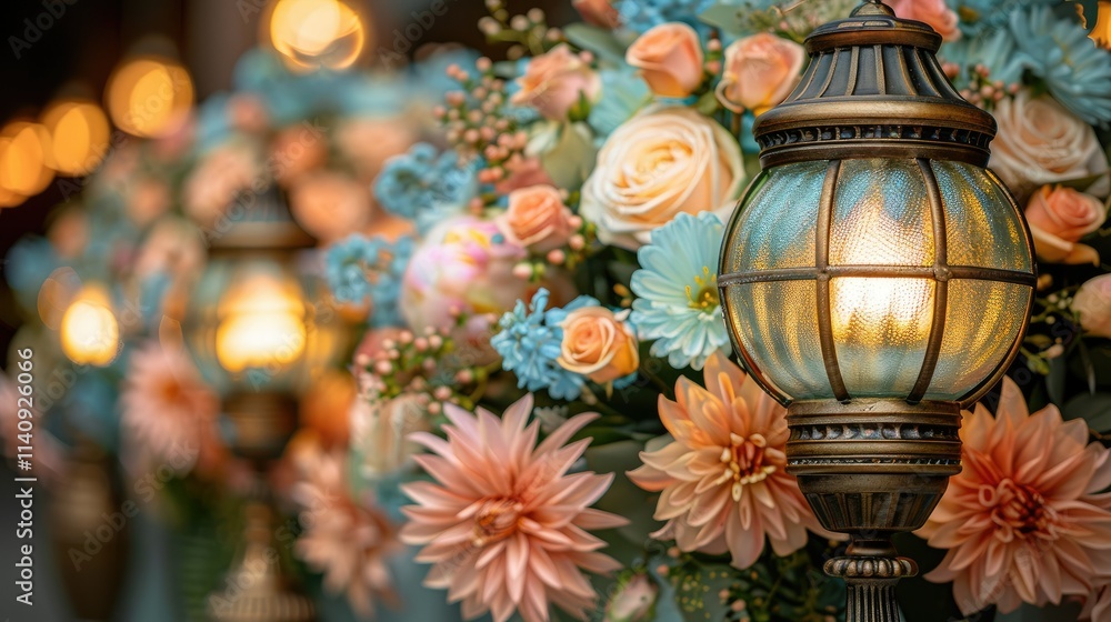 A decorative arrangement featuring flowers and lanterns, creating a warm ambiance. A decorative arrangement featuring flowers and lanterns, creating a warm ambiance.