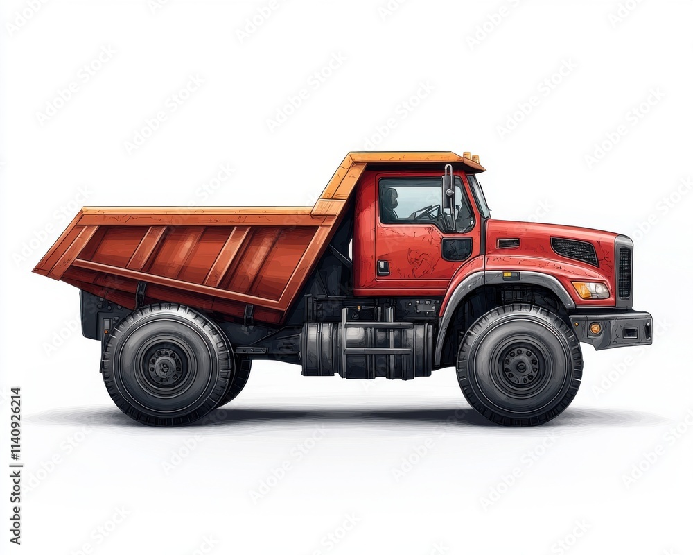 A vibrant red dump truck with a wooden bed, showcasing its robust design and powerful presence. A vibrant red dump truck with a wooden bed, showcasing its robust design and powerful presence.