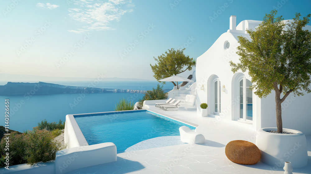 Fototapeta premium Traditional mediterranean white house with pool on hill with stunning sea view. Summer vacation background. Created with generative Ai