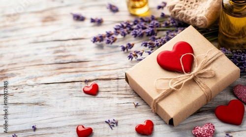 valentines spa gift package, a close-up of a gorgeously wrapped valentines day spa gift card, next to oils, lavender sachets, and heart decorations photo