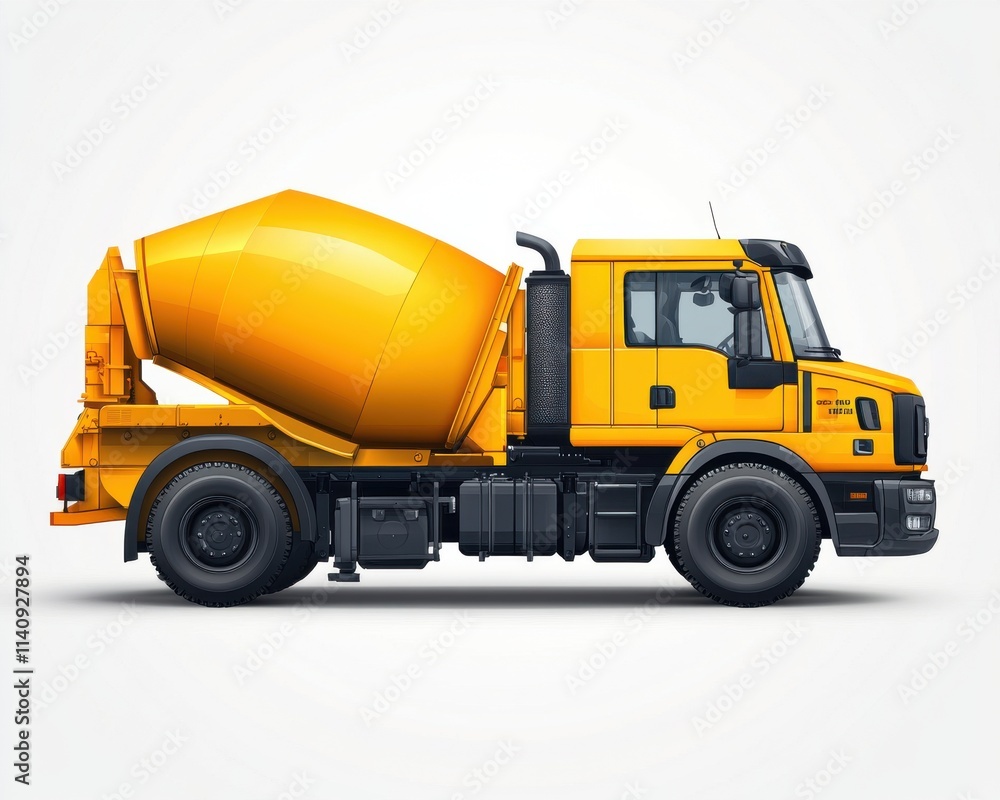 A bright yellow concrete mixer truck, showcasing a robust design and sturdy features in a side view. A bright yellow concrete mixer truck, showcasing a robust design and sturdy features in a side view.