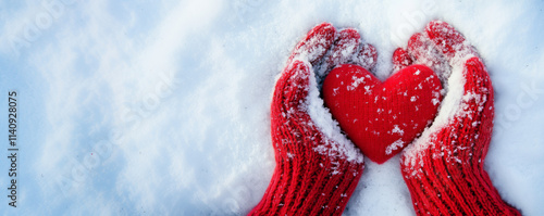 Womans hands in knitted mittens hold red heart. Romantic, love, winter concept. Valentine day background. Copy space, banner, poster, postcard