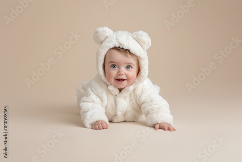 Cute baby in fluffy teddy bear suit, warm beige backdrop, crawling infant portrait, soft neutral tones, cozy childhood moment, minimalistic design, close-up shot

