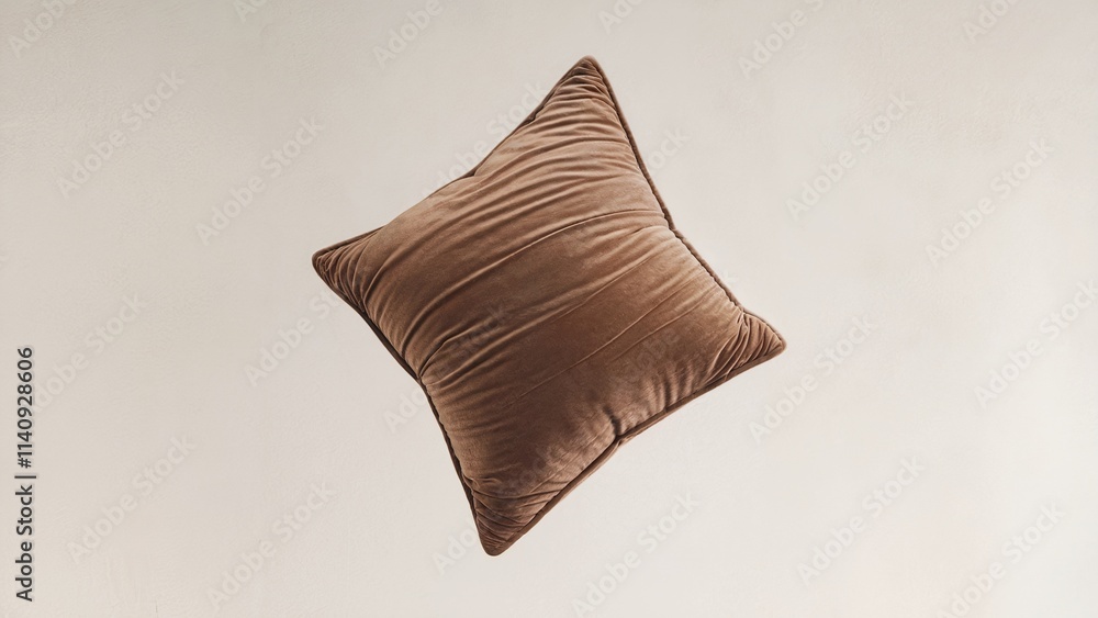 A light background with a mocha mousse colored pillow floating in the air. A light background with a mocha mousse colored pillow floating in the air.