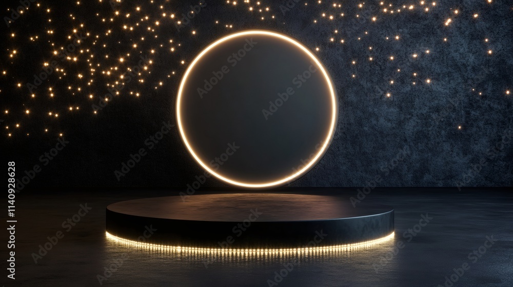 product showcase, modern podium with led ring, empty central space for product display, set against dark tech backdrop for futuristic vibe product showcase, modern podium with led ring, empty central space for product display, set against dark tech backdrop for futuristic vibe