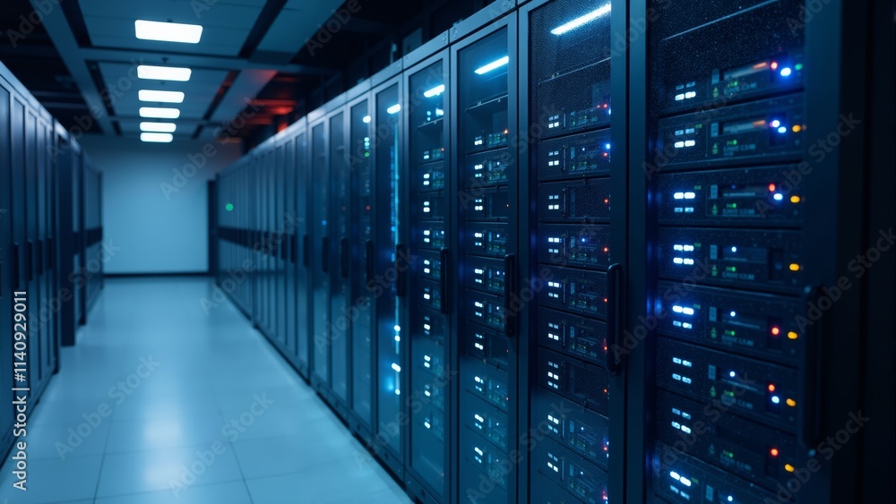 Modern data center showcasing advanced server technology and sleek design in a dynamic environment Modern data center showcasing advanced server technology and sleek design in a dynamic environment