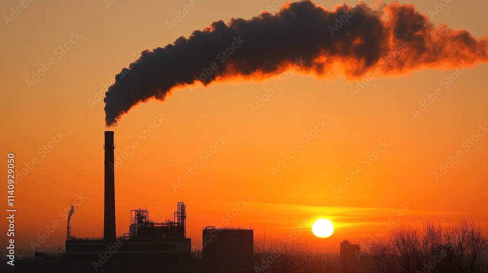 Fototapeta premium Industrial Chimney Emitting Smoke Against a Vibrant Sunset Sky