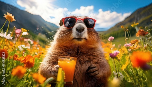 ground hog with a drink and sunglasses groundhog day photo