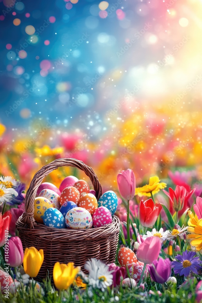 Colorful Easter Egg Basket in Spring Garden with Blooming Flowers and Vibrant Sunshine Colorful Easter Egg Basket in Spring Garden with Blooming Flowers and Vibrant Sunshine