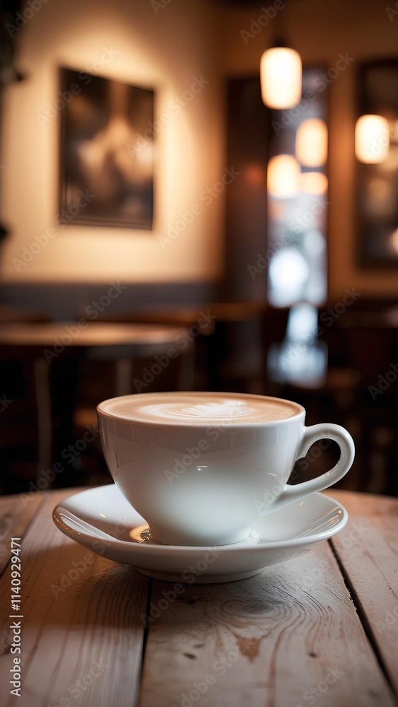 Enjoy a hot cup of coffee latte on the wooden table of a cozy and quiet cafe in the weekend evening Enjoy a hot cup of coffee latte on the wooden table of a cozy and quiet cafe in the weekend evening