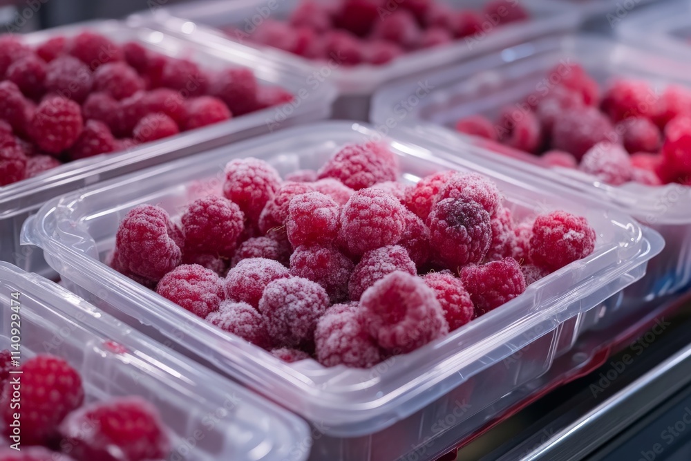 Frozen raspberries are neatly packaged in a transparent container, showcasing the icy texture and vibrant color, ideal for preserving freshness and extending shelf life. Frozen raspberries are neatly packaged in a transparent container, showcasing the icy texture and vibrant color, ideal for preserving freshness and extending shelf life.