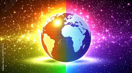 Vibrant Multicolor Globe with Sparkling Night Sky Background