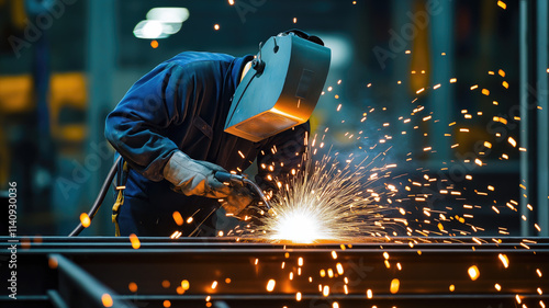 Welder welding metal, lots of sparks, wearing protective welding gear. Generative AI