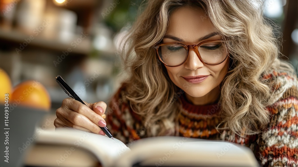 Woman Reading in Cozy Cafe: Warm Sweater and Glasses Ambiance Woman Reading in Cozy Cafe: Warm Sweater and Glasses Ambiance