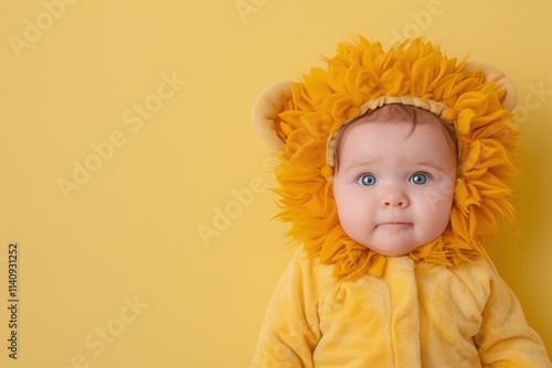 Adorable baby in lion costume, bright yellow background, cheerful infant portrait, minimalistic design, close-up shot, copy space for text

 photo