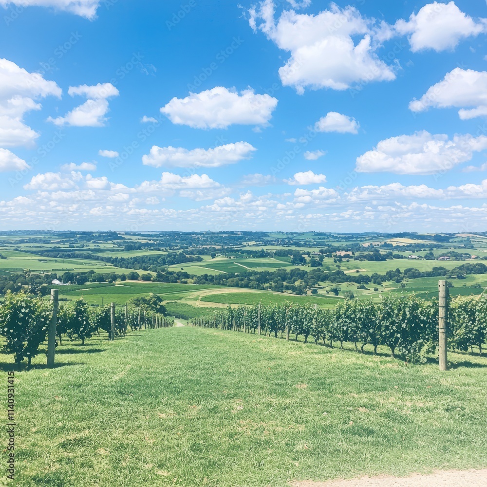 Scenic view of a lush vineyard landscape under a bright blue sky. Scenic view of a lush vineyard landscape under a bright blue sky.