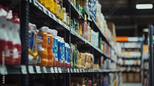 Wide Angle View of Supermarket Aisle with Household Cleaning Products on Shelves