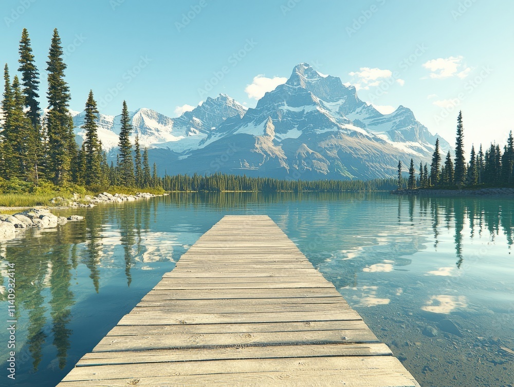 Scenic view of a serene lake with mountains and a wooden dock. Scenic view of a serene lake with mountains and a wooden dock.