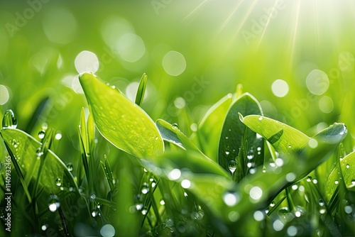 Green wet grass in water drops after rain. Fresh summer plants in sunlight
